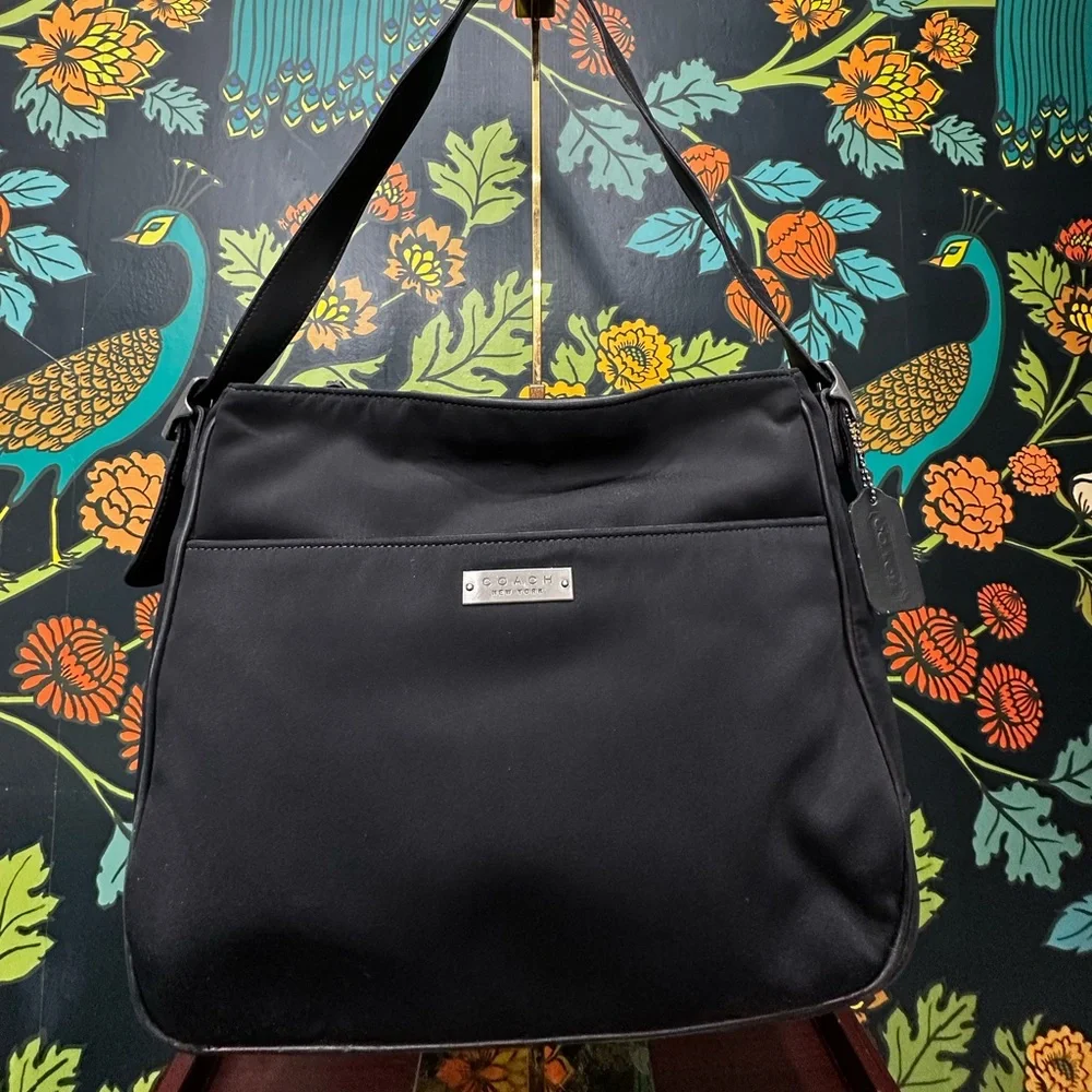 Vintage Coach Black Nylon Shoulder Bag Leather Trim Made in Costa Rica